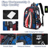 A black and red patterned backpack featuring a USB charging port design, smooth zipper, waterproof material, and adjustable b