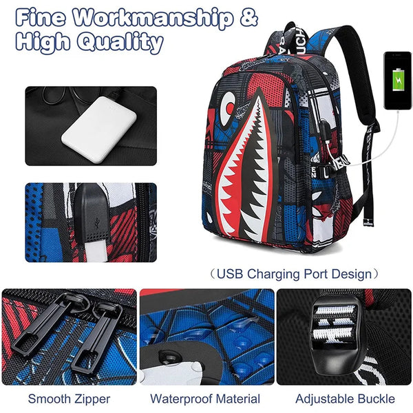 Mochila con estampado negro y rojo, puerto de carga USB, cremallera suave, material impermeable y ajuste