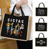 Drei schwarze Canvas-Taschen mit den Aufschriften 'Sisters are like stars', 'Sisters in Christ' und 'Best Sister Ever'
