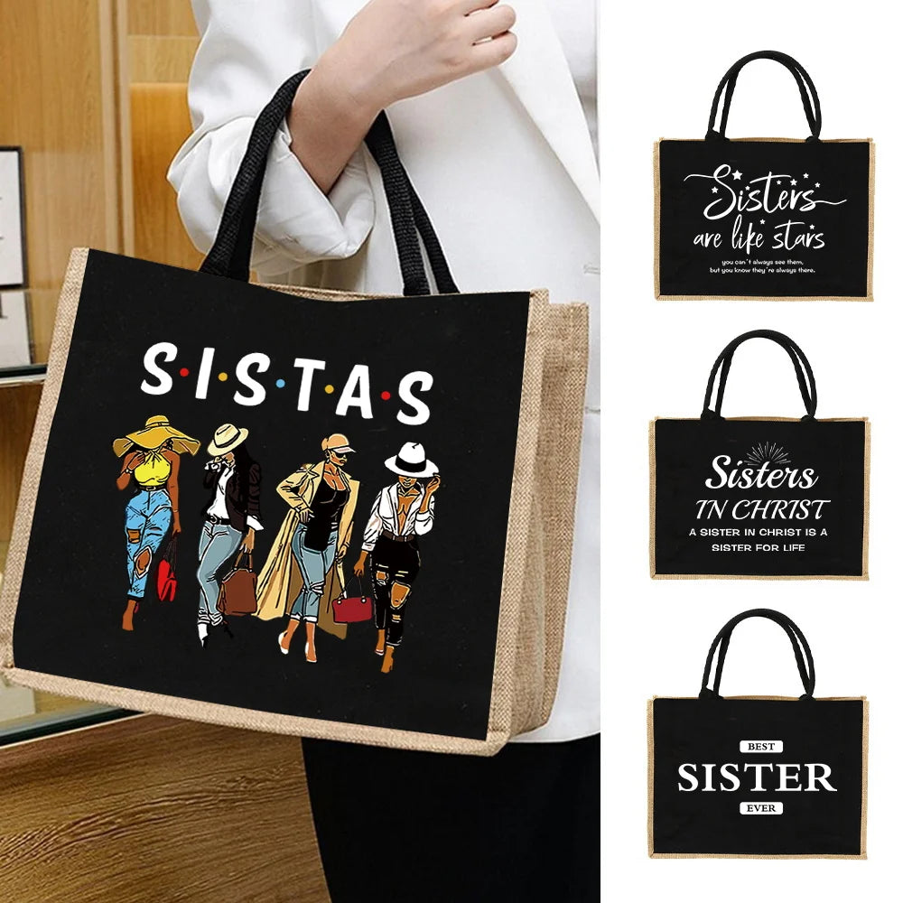 Drei schwarze Canvas-Taschen mit den Aufschriften 'Sisters are like stars', 'Sisters in Christ' und 'Best Sister Ever'