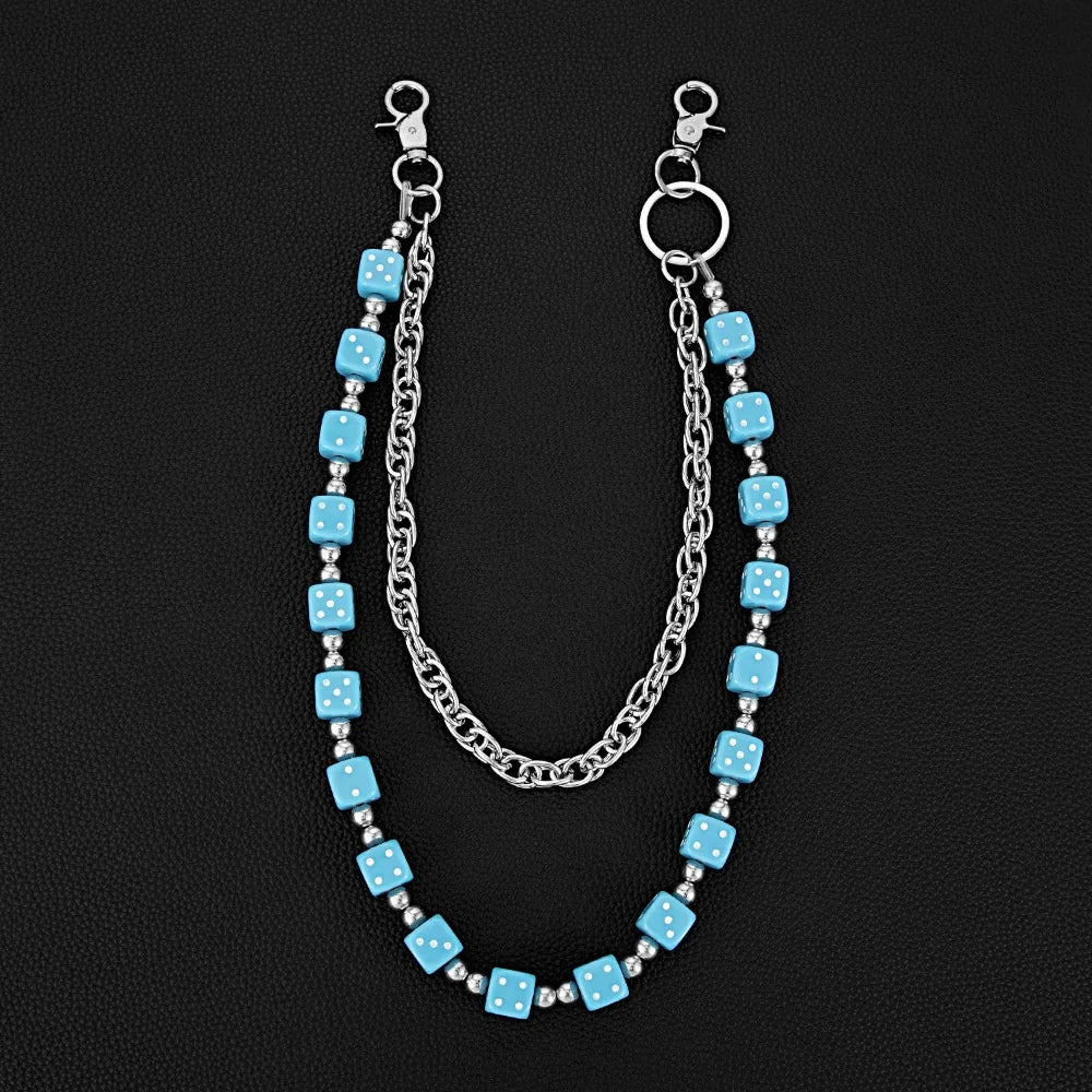 Silver chain necklace with light blue dice beads and jump rings