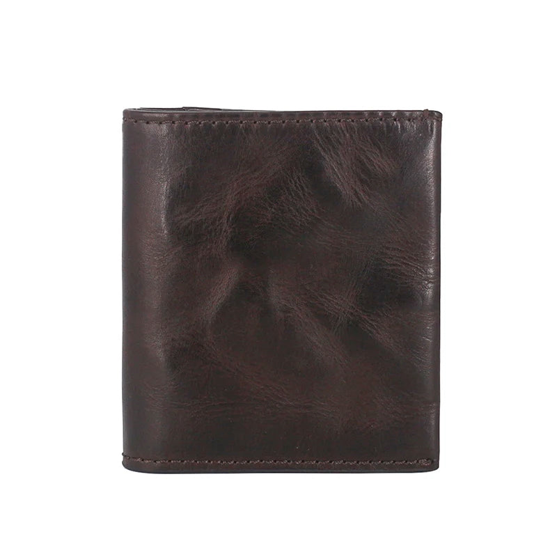 A dark brown genuine leather bifold wallet for men.