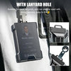 Slim aluminum metal ID card wallet attached to a lanyard on a jacket