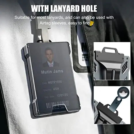 Slim aluminum metal ID card wallet attached to a lanyard on a jacket