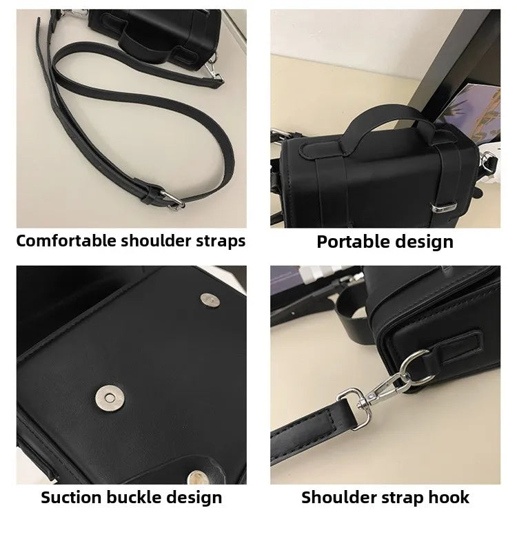 Black minimalist leather crossbody bag featuring comfortable shoulder straps and a suction buckle design.