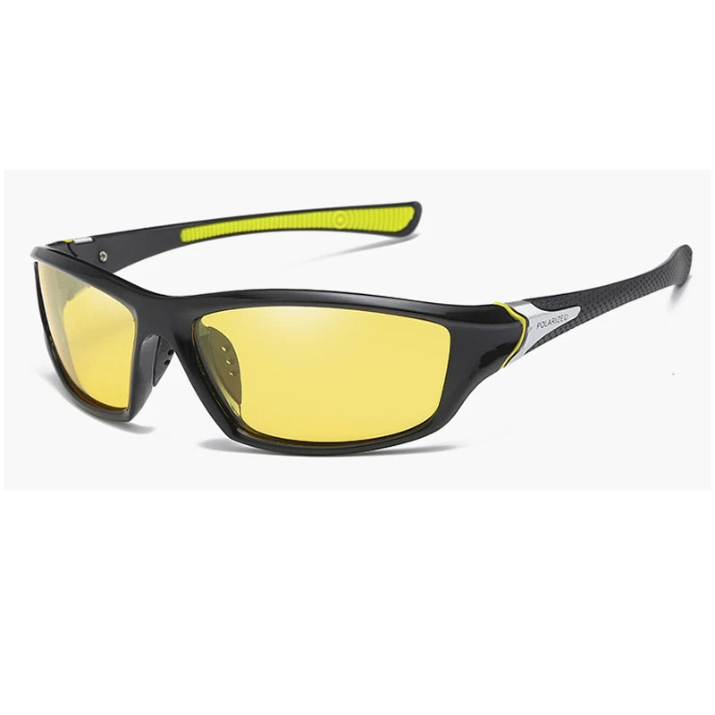 Gafas deportivas polarizadas negras con lentes amarillos y varilla verde lima.
