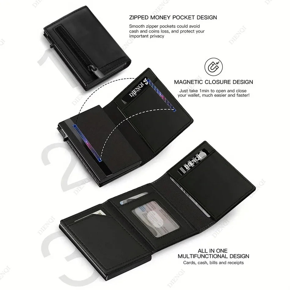 Black slim aluminum card holder wallet featuring zippered and magnetic closure designs