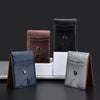 A display of three slim genuine leather RFID blocking wallets in dark brown, black, and gray.