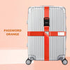Silver rolling suitcase with orange cross straps and bundling belts