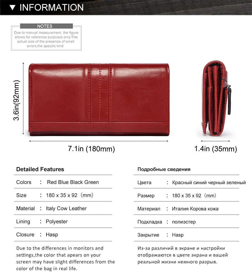 A red blue black green leather clutch wallet shown from the side.