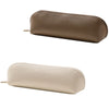 A rectangular, light brown faux leather makeup and pencil pouch shown in profile.