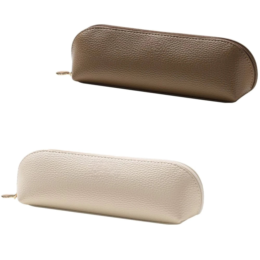A rectangular, light brown faux leather makeup and pencil pouch shown in profile.