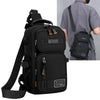 Black men's multifunctional chest bag worn by a person, shown with an attached shoulder strap.