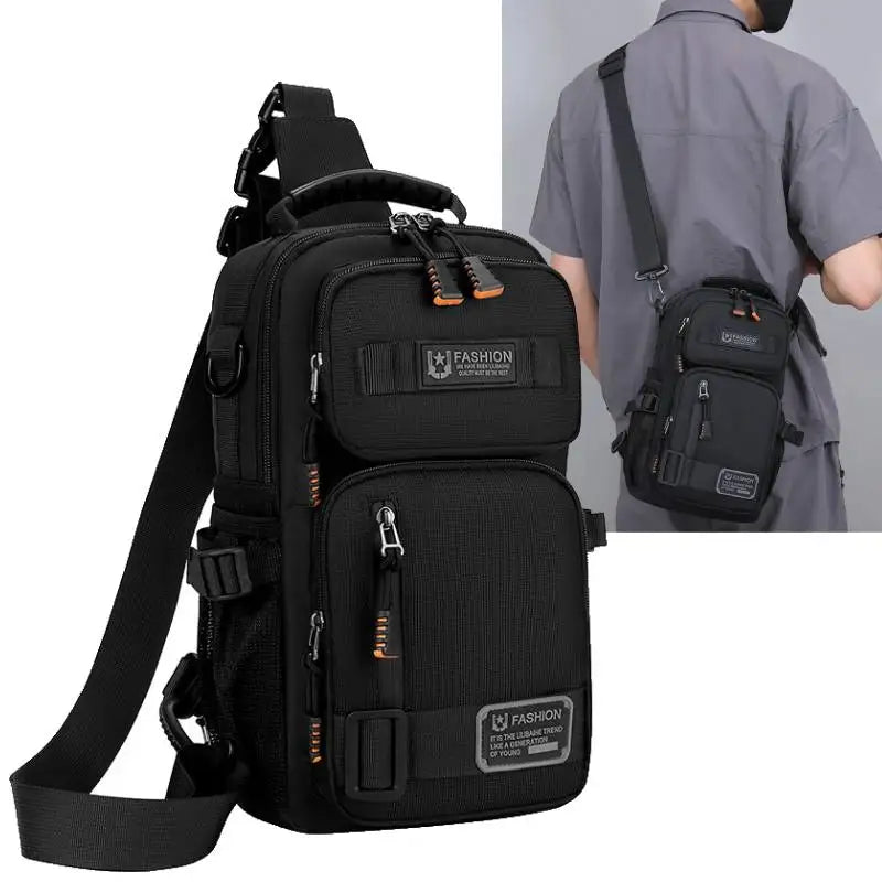 Black men's multifunctional chest bag worn by a person, shown with an attached shoulder strap.