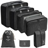 A set of black fabric storage organizers and a drawstring bag for organizing items.