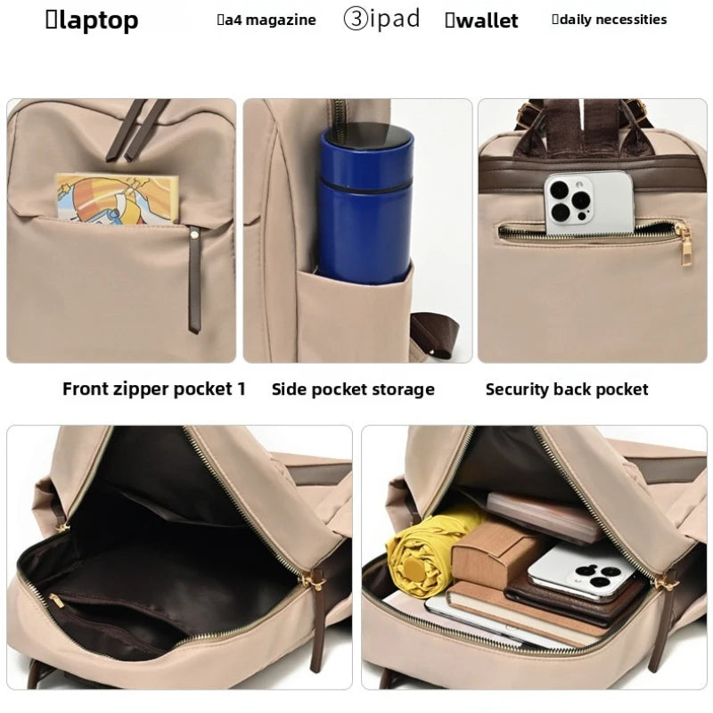 A beige nylon travel backpack showing various pockets and compartments for daily necessities like a magazine, iPad, wallet, a