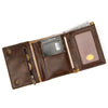 A brown leather trifold wallet with a detachable chain and a slot for cash and cards.