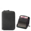 A black compact RFID-blocking card wallet with 11 slots shown next to an open view of the slots.