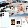 A white phone case is shown next to a woman holding a photo transfer keychain tag in a car interior.