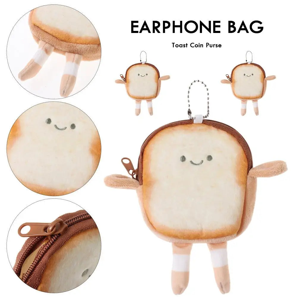 A beige cartoon toast bread shaped earphone bag or coin purse with small arms and legs.