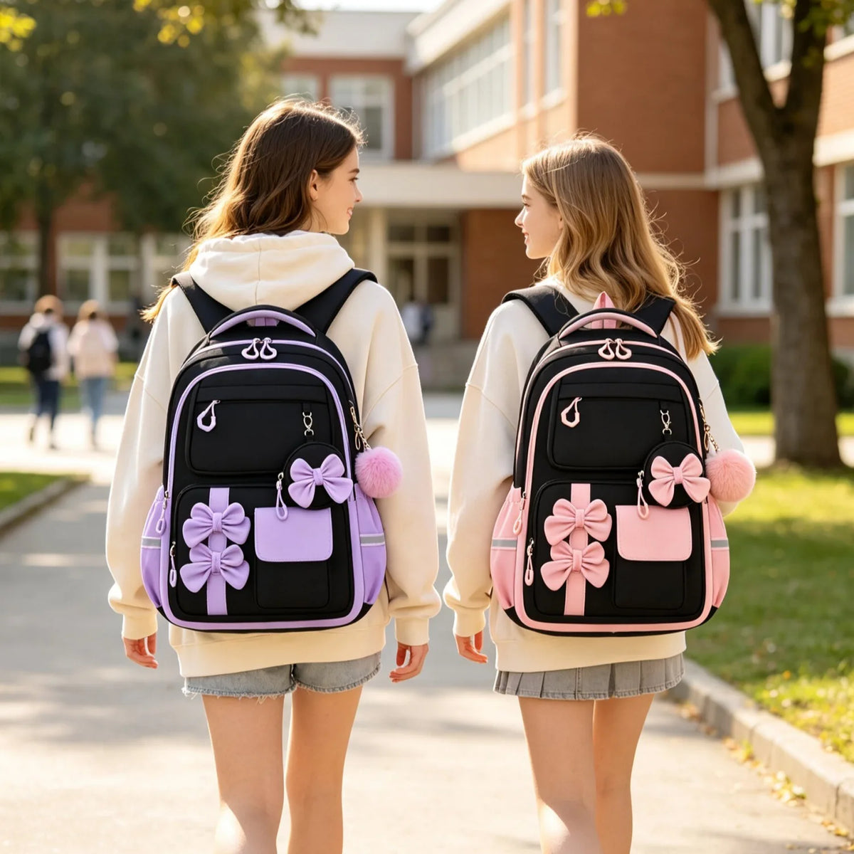 Two girls wearing matching pink and purple nylon school backpacks walking outdoors.