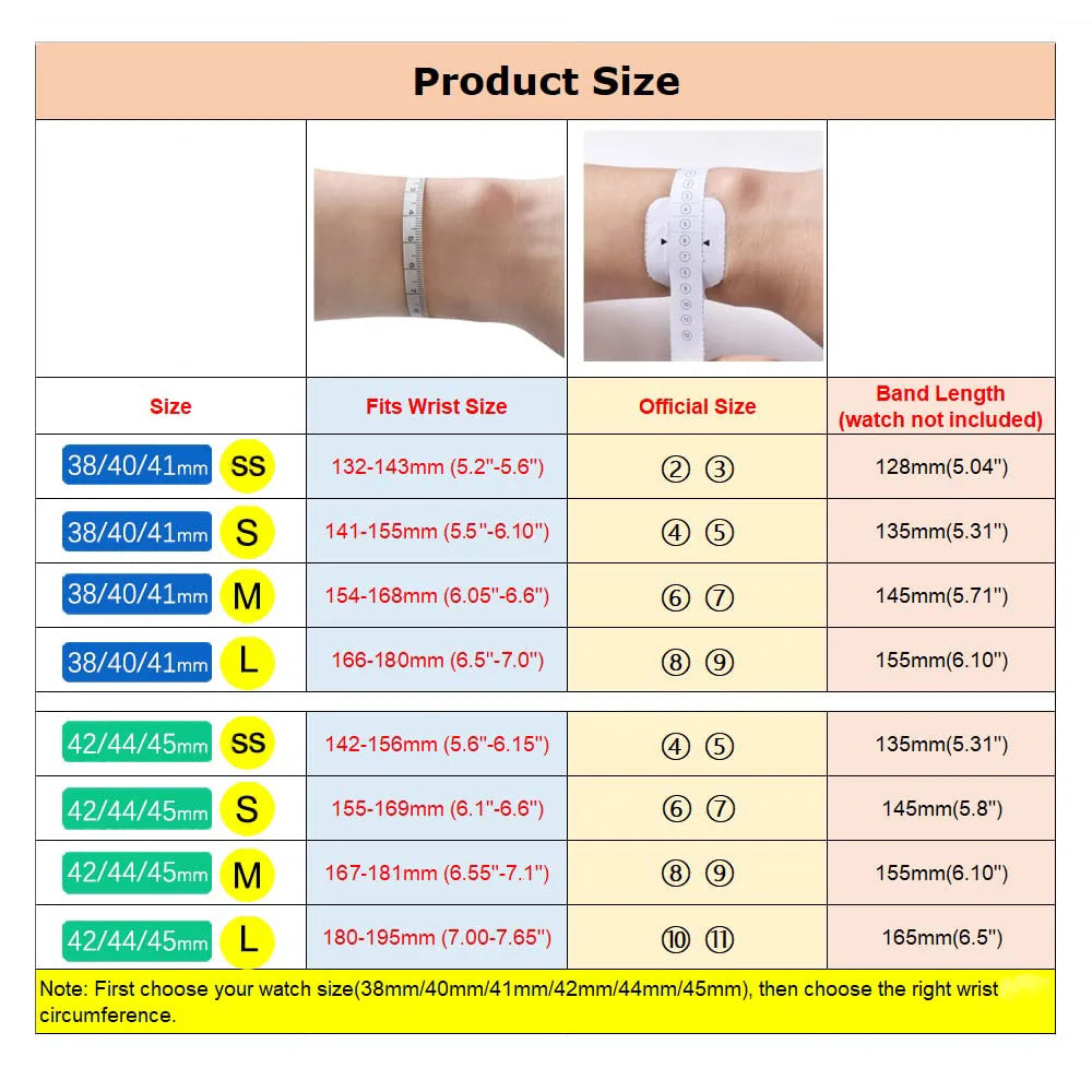 A chart detailing the sizes and corresponding band lengths for a braided solo loop stretch band.