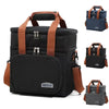 Black insulated double-layer lunch bag with brown straps and buckles shown in various views.