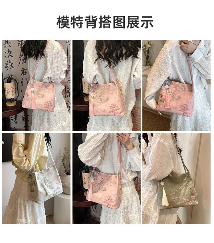 Una serie de fotos mostrando un bolso de hombro de jacquard de seda rosa llevado por una mujer con ropa blanca.