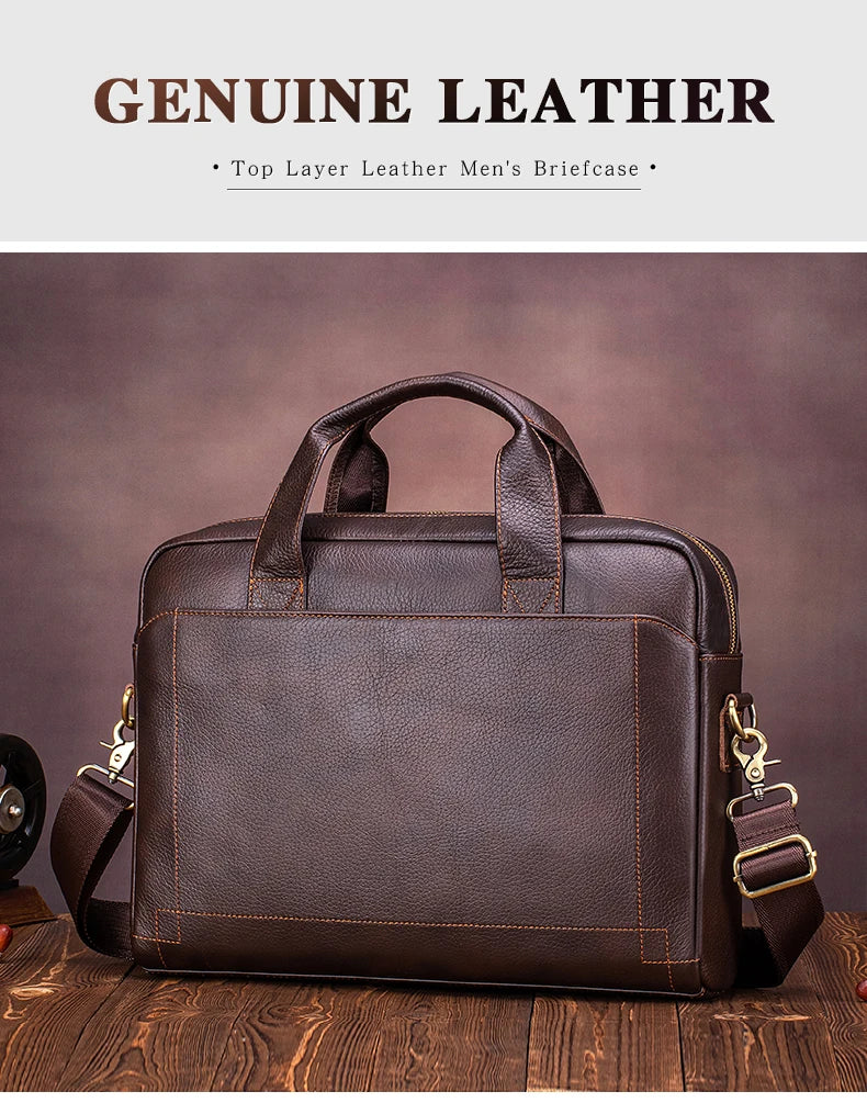 A dark brown genuine leather men's briefcase with brass hardware resting on a wooden surface.
