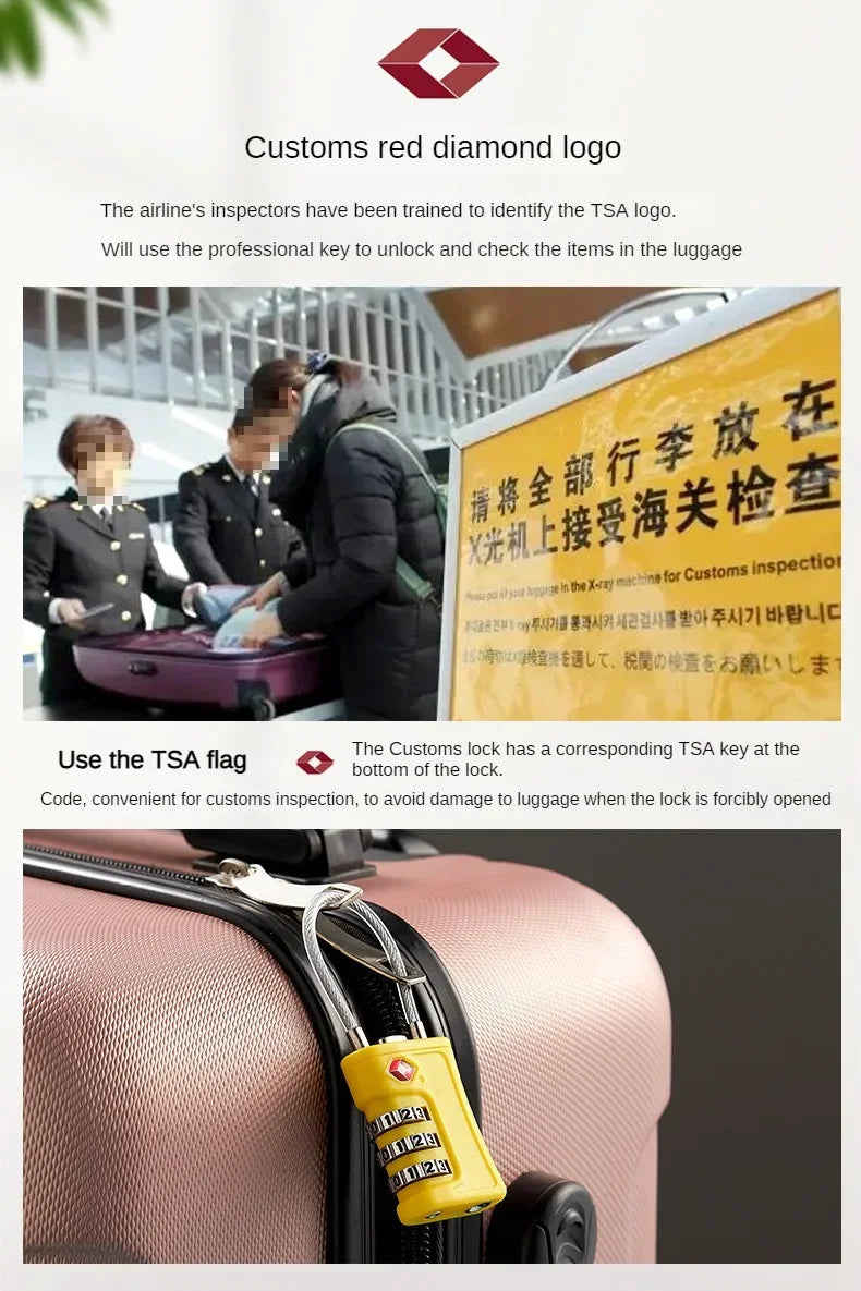 A yellow TSA flag key is shown inserted into a combination lock on a piece of luggage.