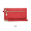 A red retro long wallet with a double zipper and multiple card slots.