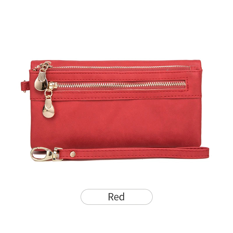A red retro long wallet with a double zipper and multiple card slots.