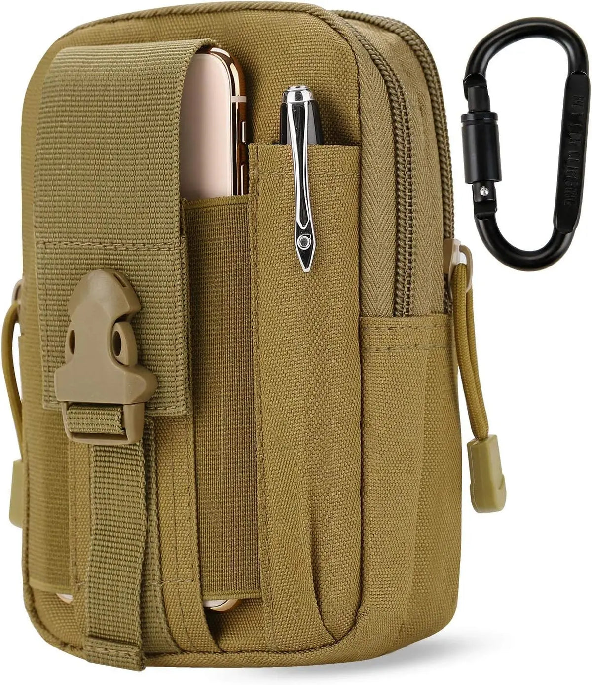 Olive green tactical EDC utility pouch with a carabiner clip and MOLLE strap attachment
