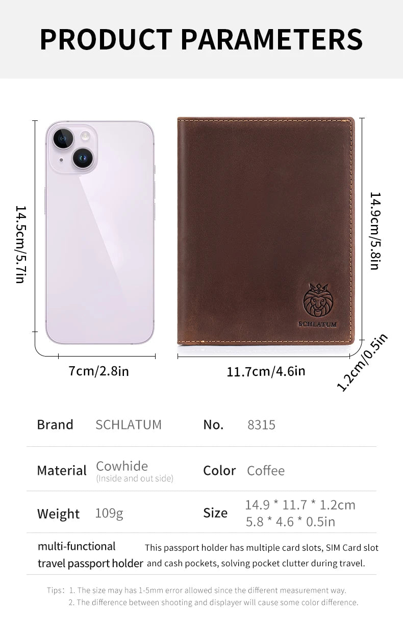 A brown leather passport holder with a crocodile texture and a slot for a smartphone.