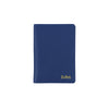 A dark blue PU leather passport holder with the name John embossed on the front.