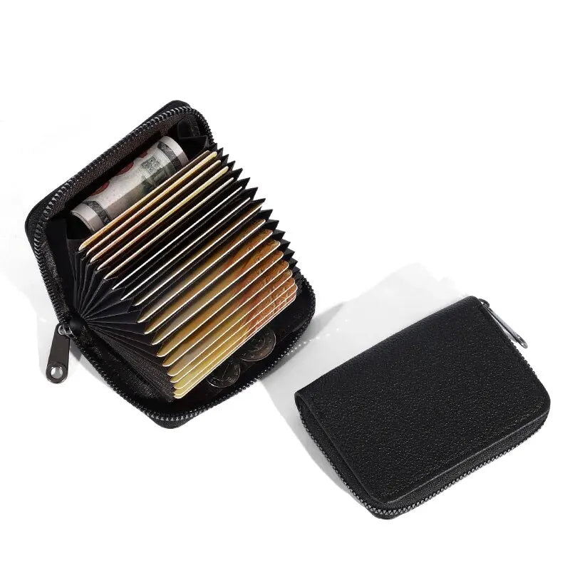 Schwarzes PU-Karte und Ausweis-Halter-Wallet mit einem Stapel Karten darin
