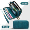 A teal leather wallet shown with the inside and front views, featuring a double zipper and RFID blocking features.