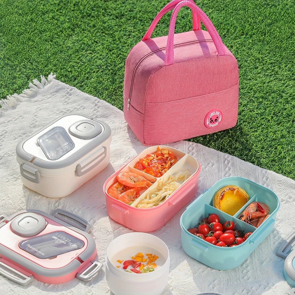 A pink insulated lunch set featuring a storage bag, food containers, and a portable grill on a white surface.
