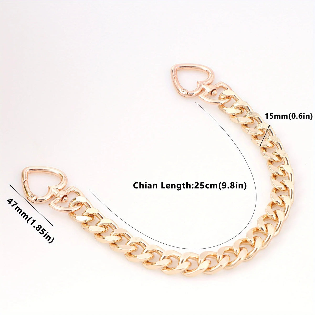 Gold heart-shaped metal purse chain extender with a 25cm length and 15mm links.