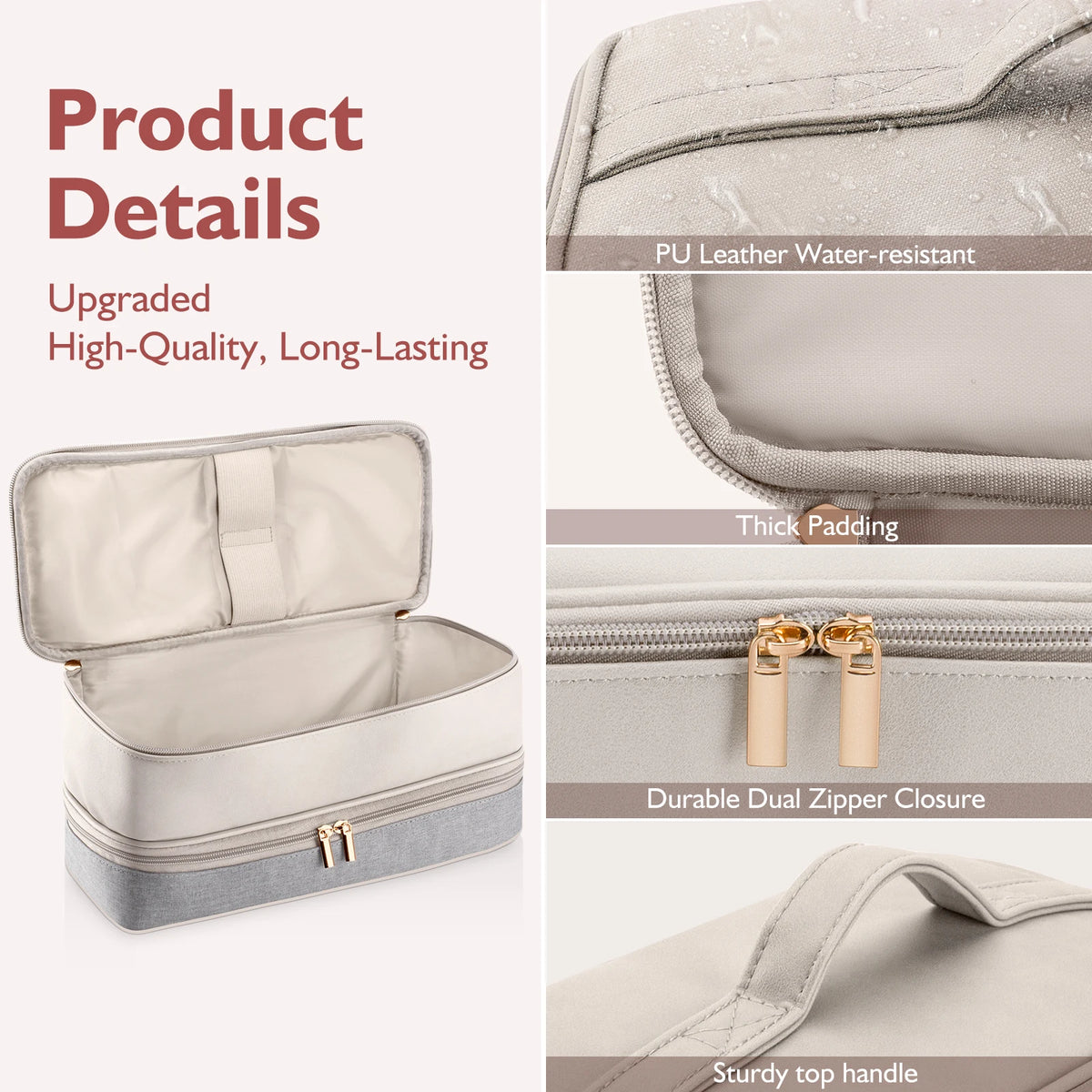 A beige double-layer storage case for hair dryer and accessories featuring PU leather, thick padding, and a durable zipper cl