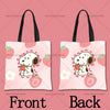 Pink cartoon illustration of a white dog character on a tote bag, shown from the front and back.
