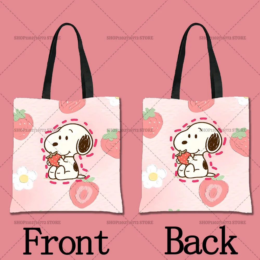 Pink cartoon illustration of a white dog character on a tote bag, shown from the front and back.