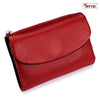 A red genuine leather mini card holder wallet with a zippered closure.