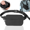 A black tactical concealed carry fanny pack shown in various views, including a close-up and worn on a person's chest.