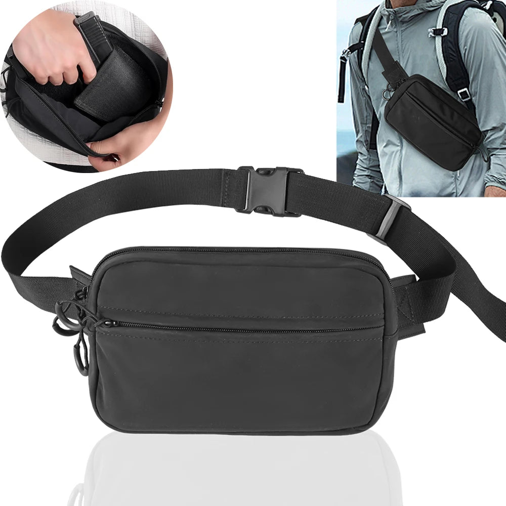 A black tactical concealed carry fanny pack shown in various views, including a close-up and worn on a person's chest.