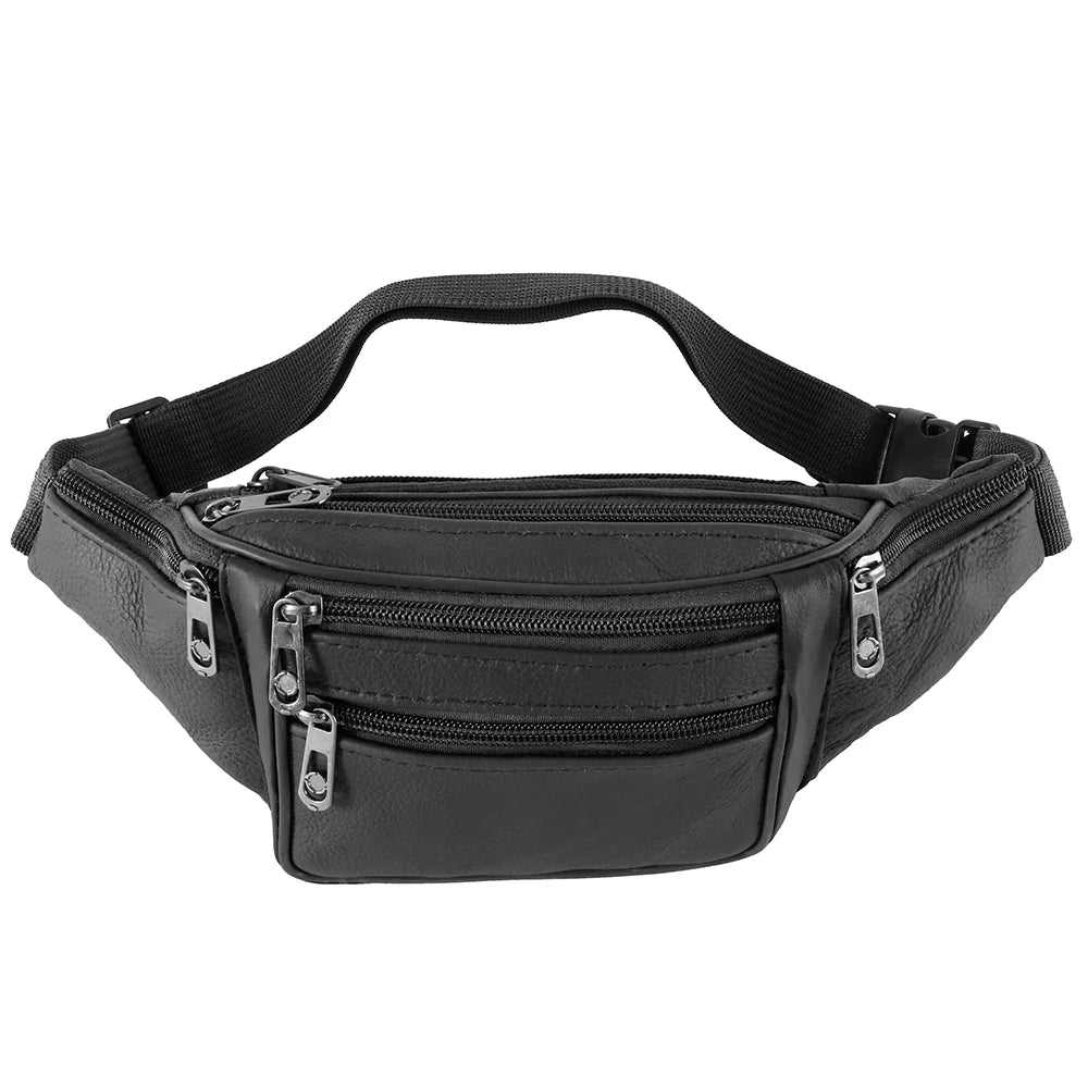 Black genuine leather adjustable waist bag with zipper closure and strap.