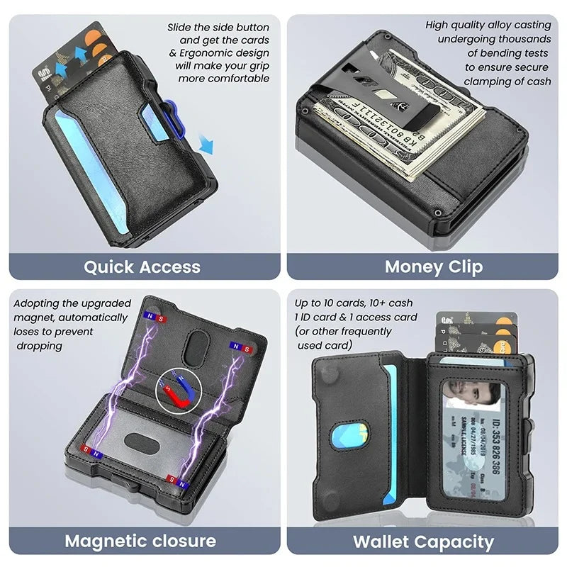 A black slim metal wallet with a magnetic closure and RFID blocking card holder shown in various usage contexts.
