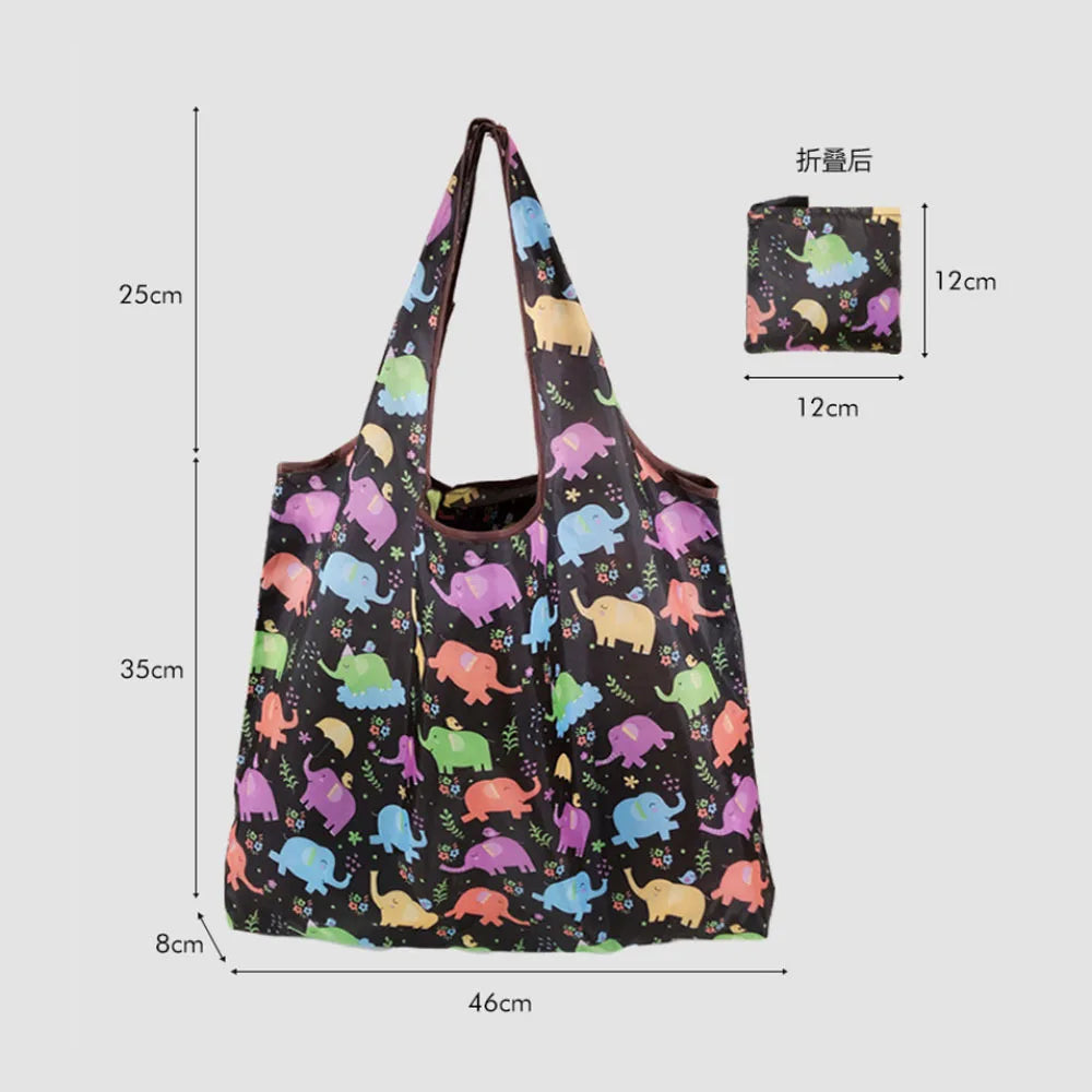 A reusable eco tote shopping bag filled with various colorful animal-themed fabric scraps.