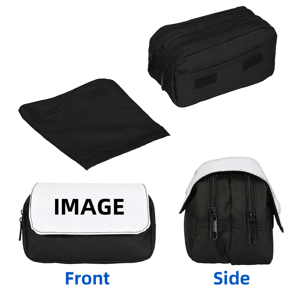 Black themed pencil case shown from the front and side views.