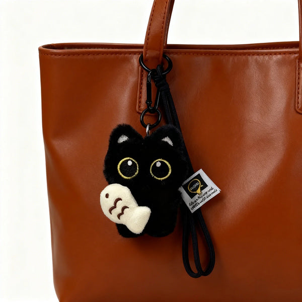 A black cat plush keychain charm with gold eyes attached to a brown leather handbag.